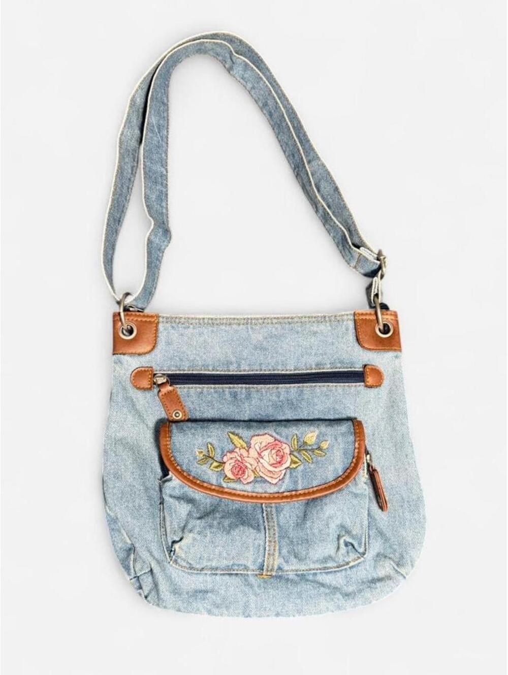 Y2K Denim Crossbody Bag Embroidered Rose Floral Purse Cottagecore Boho Fairycore